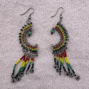 Boho Festival Chandelier Earrings Rasta Colors Beaded Wire Handmade